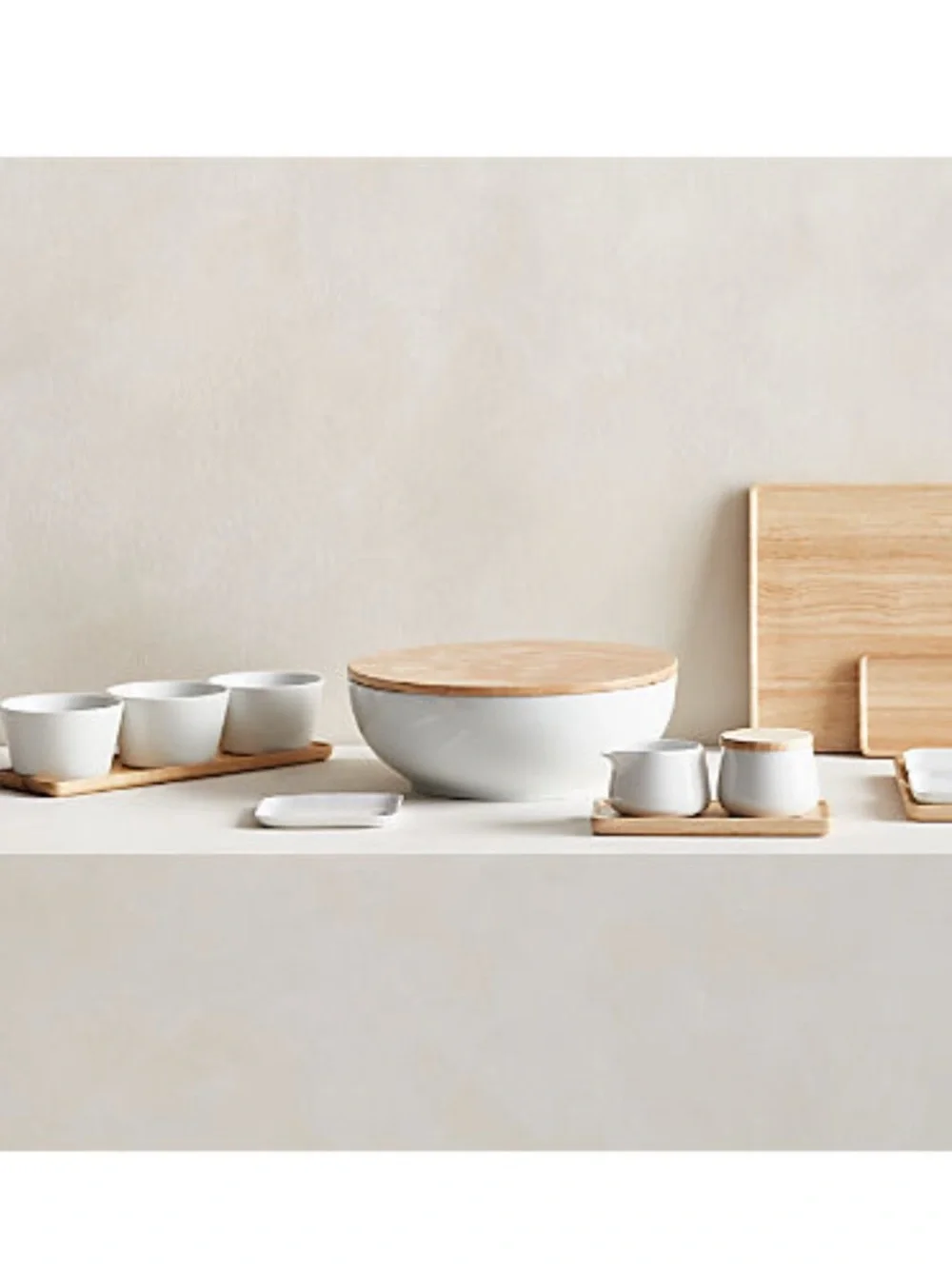 New! Crate&Barrel White Ceramic Bowl with Wood Lid